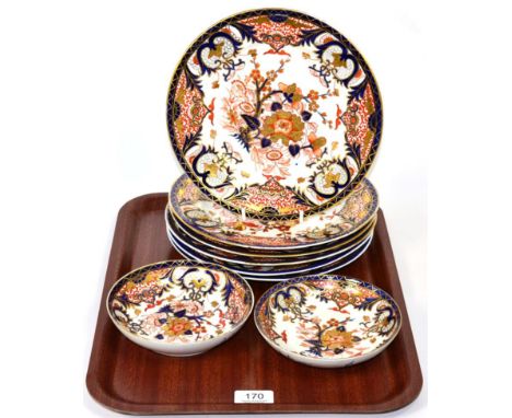 A group of six 19th century Derby Imari plates; and two saucers 