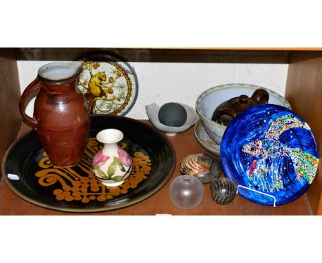 Philip Sutton painted plate; Studio pottery including a Peter Hough smoked fired fossil pebble; and glass 