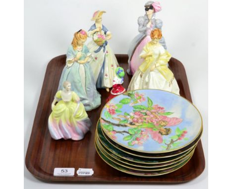 Four Royal Worcester figures ''Sweet Anne'', ''First Dance'', ''Masquerade'' and ''Summers Day''; a Royal Doulton figure ''Ch