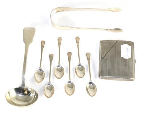 A Continental white metal cigarette case; Georgian silver tongs; a set of six silver coffee spoons; and a silver ladle 