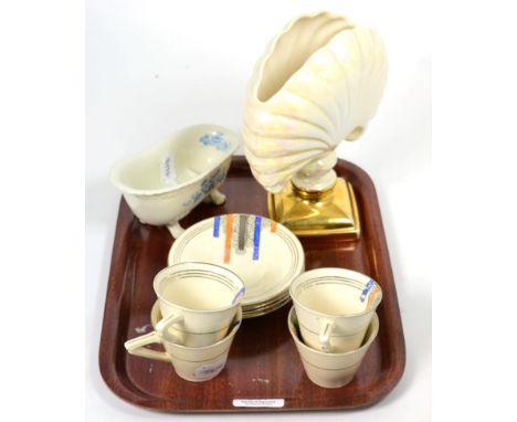 A Solian ware Soho Pottery Art Deco set of four coffee cups and saucers, together with a Crown Devon lustre shell vase and a 