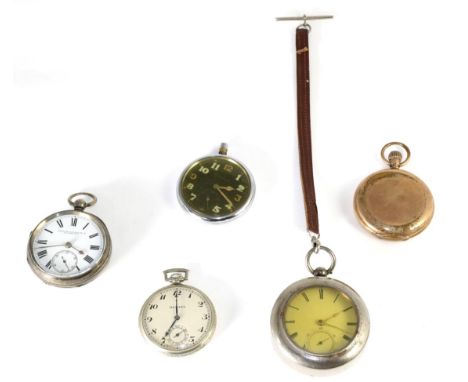 Two silver open faced pocket watches; military Jaeger LeCoultre pocket watch; and two other pocket watches 