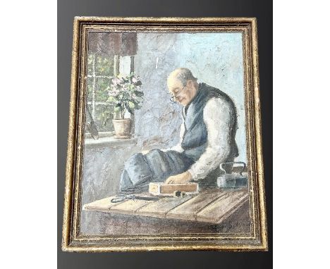 Twentieth century Continental School: Portrait of a man sewing, oil on canvas, 45 cm x 56 cm, indistinctly signed, framed.