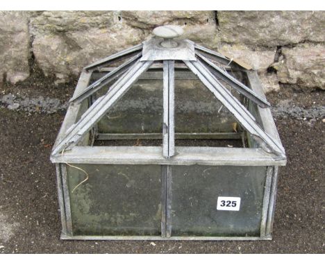 A weathered zinc framed, lantern shaped cloche, with leaded light panels, 31cm square x 28cm high 