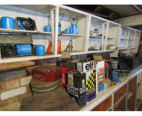 A quantity of printed oil cans, small engineers cabinet, lighting, enamel dish burner, Everest typewriter and other sundries,