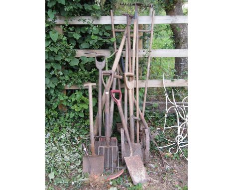A vintage garden hoe and other vintage garden tools, to include forks, scythe, rakes, etc 