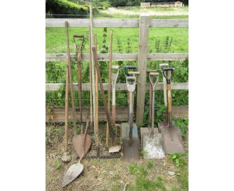 A collection of vintage garden tools, spades, turf cutter, forks, etc mainly with ash wood handles (20) 