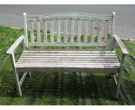 A light weight weathered teak cottage garden bench, with slatted seat and back, painted finish, 125cm long 