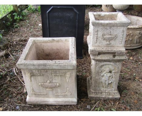 A reconstituted fluted urn, square cut planter, another and a moulded square cut plinth 