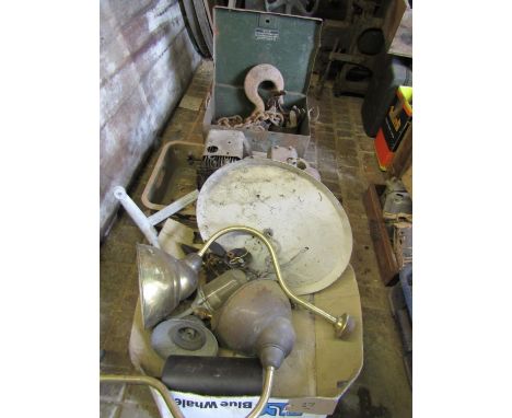 A heavy duty chain and hook, brass wall light, Villiers engine parts, etc