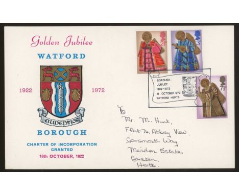 1972 Borough Jubilee Watford Official First Day Card. Handwritten address, slight creasing at corners. Cat £150