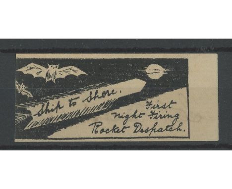 Rocket Mail labels: 1934 First Night Time Firing Ship to Shore Rocket Dispatch label signed on reverse by Stephen H. Smith.