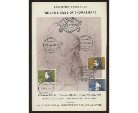 1971 Literary Anniversaries set affixed to front of Exhibition Programme "The Life &amp; Times of Thomas Gray in the Village 