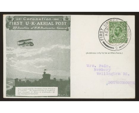 1911 First UK Aerial Post card with GV ½d Windsor Sept 16th H/S. Unusually fine with typed address &amp; no message on revers