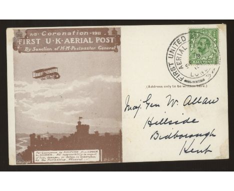1911 First UK Aerial Post card with GV ½d London H/S with Schweppes advert. Folded in half vertically &amp; mount remainders 