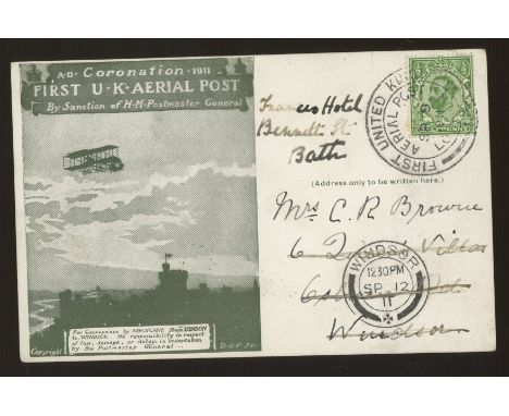 1911 First UK Aerial Post card with GV ½d London H/S re-directed from Windsor to Bath with Windsor SP 12 11 CDS on front.