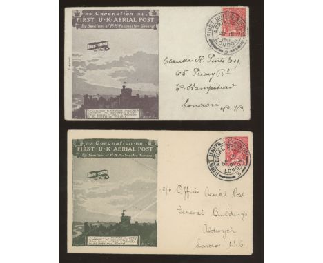1911 First UK Aerial Post cover with GV 1d London H/S x 2 different colour &amp; size envelopes, both dated Sept 15th, not Fi