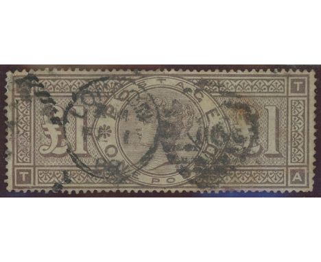 1888 (Feb 1st) £1 brown-lilac, T-A, with Frame Break variety, watermark three orbs, with clear London CDS on First Day. Tone 