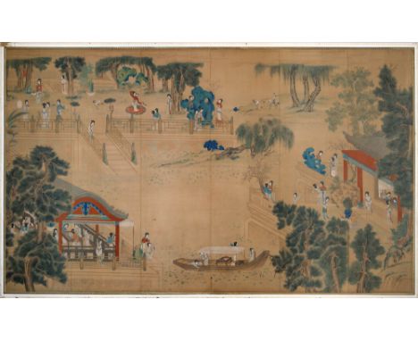   Huge painting on silk, later applied on a single wooden panel, depicting a court scene with only female figures.  