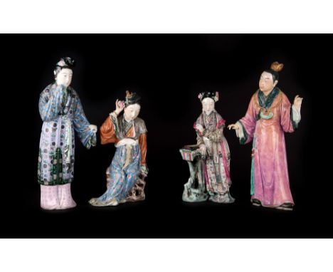   Exquisitely molded and painted in polychrome enamel, they depict three women and a man. The three ladies wear robes with fl