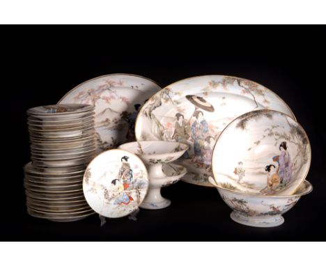   Composed of thirty-six pieces including boules, large small plates and serving dishes, each item is painted with the same m