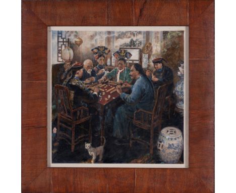   &nbsp;Well painted, depicting a court scene with men and women playing mahjong  