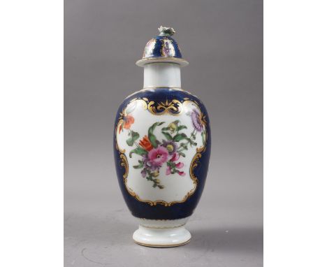 An 18th century Worcester oviform tea caddy with reserved floral panels on a blue scale ground with gilt scrolls, 6 1/2" high