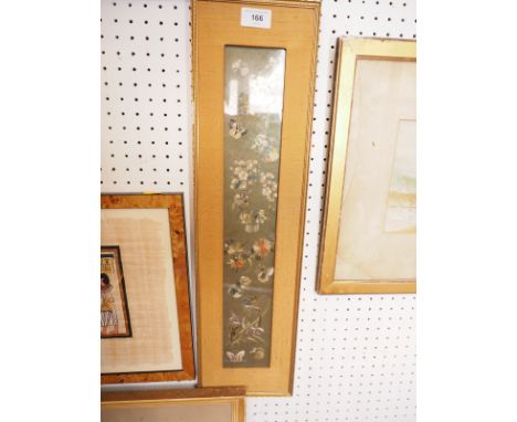 A Chinese silk tapestry panel with insect and flower design, 19 1/4" x 3", in gilt strip frame 