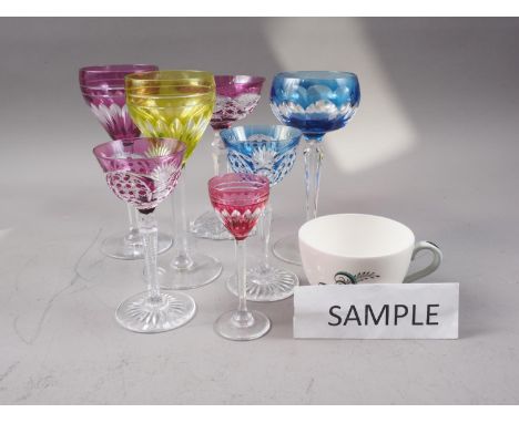 Seven coloured and engraved wine glasses, various, and a set of six Copeland Spode floral decorated teacups 