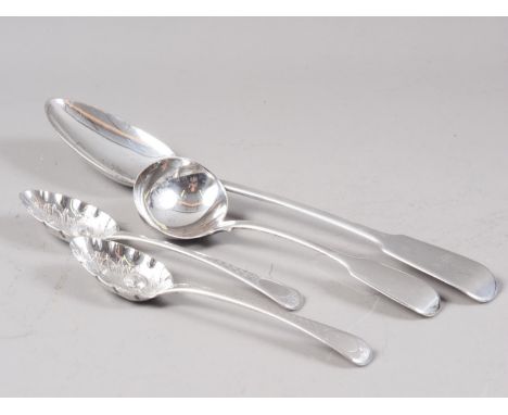 A silver basting spoon, a silver sauce ladle and a pair of silver berry spoons, 7.5oz troy approx 