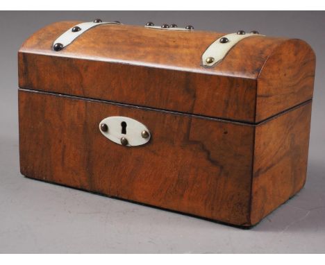 A walnut and ivory mounted dome-top two-division tea caddy, 9" wide 