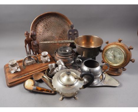 A silver plated communion paten, a reproduction brass skillet/saucepan with earlier handle, on three supports, a Chinese terr