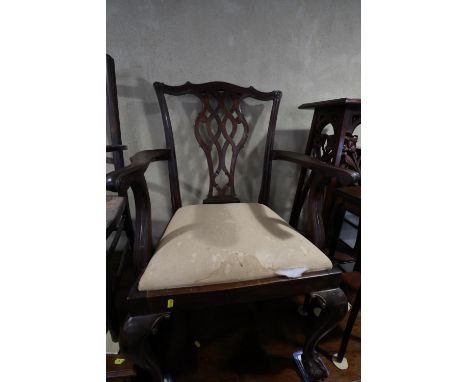 A pair of carved mahogany elbow chairs of Chippendale design with pierced splat backs and drop-in seats, on cabriole claw and