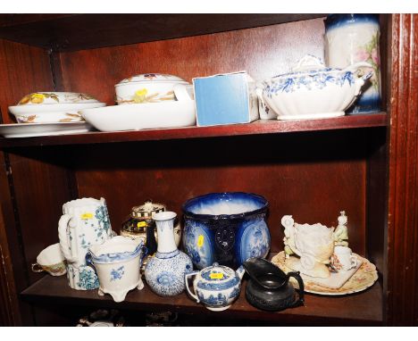 A selection of Royal Worcester "Evesham" pattern oven to table wares, a blue floral decorated jardiniere, a pottery teapot an