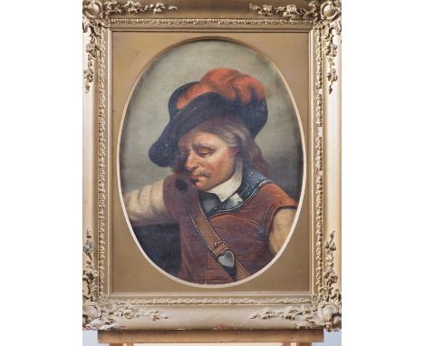 An oil on canvas portrait of a cavalier, 13" x 10", in oval gilt mount and strip frame, an oil sketch of a cow by a stream, 8