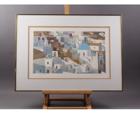 A signed limited edition screen print, "Santorini", in brass frame, and three relief printed etchings, in brass frames 