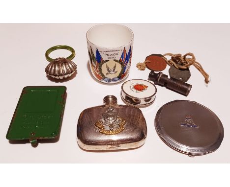 MILITARIA - MIXED COLLECTION. SILVER 1939 COMPACT, HIP FLASK, TEETHING RATTLE, ENAMEL TOTO DICER, ETC NO. 32