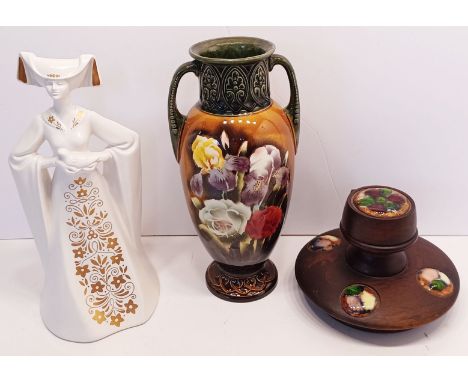 POOLE POTTERY ABIGAIL FIGURINE, FLORAL TWIN HANDLED VASE 25CM TALL AND WOODEN INKWELL