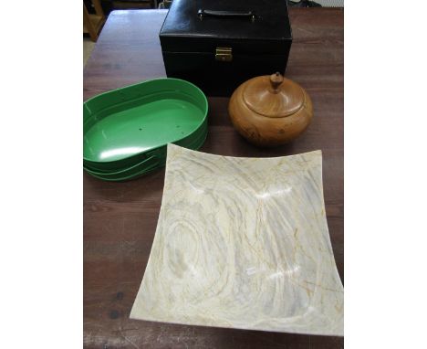 Jewellery box, metal trug, soapstone dish and wooden lidded pot&nbsp;