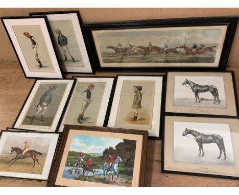 A quantity of pictures of horseracing &amp; equestrian interest to inc a set of Spy lithographs of notable jockeys, a hand-co