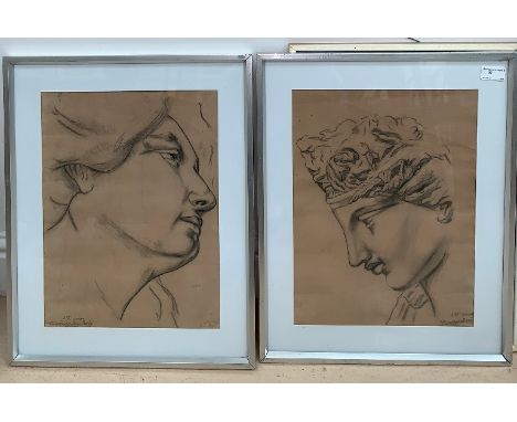 A pair of charcoal portrait sculptural head studies, variously inscribed, each 40 x 30 cm