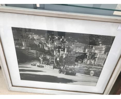 A rare vintage 1956 Monaco Grand Prix large format black and white photo, depicting a line of racing cars including a Vanwell