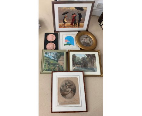 A quantity of pictures &amp; other works to inc colour prints after Vettriano &amp; Russell Flint, Irish landscape pastel, Ne