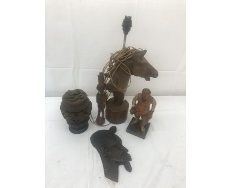 A quantity of treen items to inc a carved box, African head etc; together with a plaster horse lamp