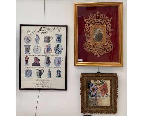 Three framed items of Royal memorabilia to inc a Bonhams sale poster, Queen Victoria photograph with wooden relief surround &