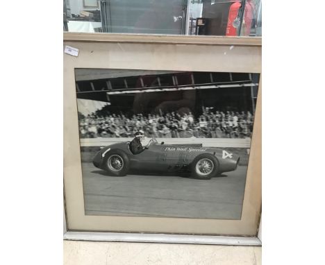 A rare vintage 1956 Monago Grand Prix large format black and white photograph depicting a Ferrari. Framed and glazed in a per