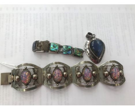 A silver opal-style bracelet; together with an abalone shell bracelet &amp; silver labradorite pendant