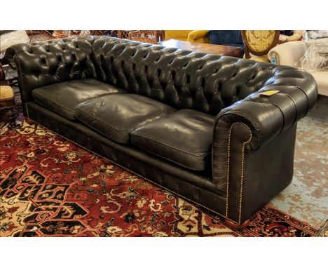 CHESTERFIELD SOFA FROM HARRODS, 265cm L x 73cm H three seater with black leather upholstery. 