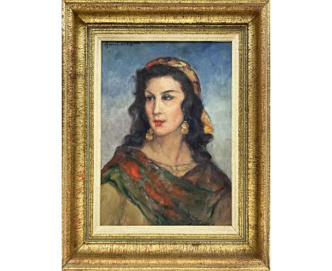 LEONIE HUMBERT VIGNOT (1879-1960, Lyon, France), 'Portrait of a Spanish Gypsy', oil on board, 34cm x 25cm, signed, label vers