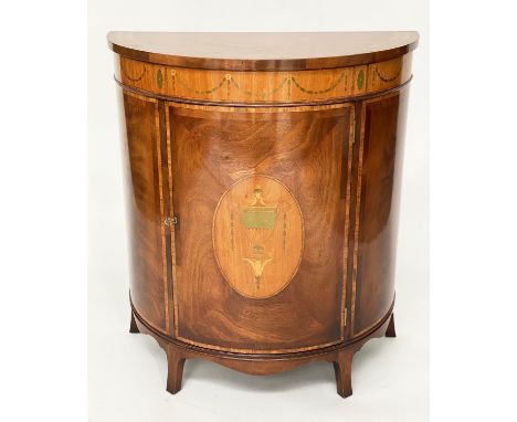 DEMI LUNE COMMODE, 84cm W x 44cm D x 93cm H, George III design, mahogany, satinwood inlaid and crossbanded, with marquetry de
